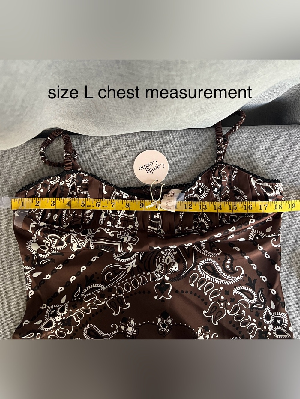 Camila Coelho Revolve Satin Paisley SpaghettiStraps Maxi dress brown white L - Picture 13 of 16